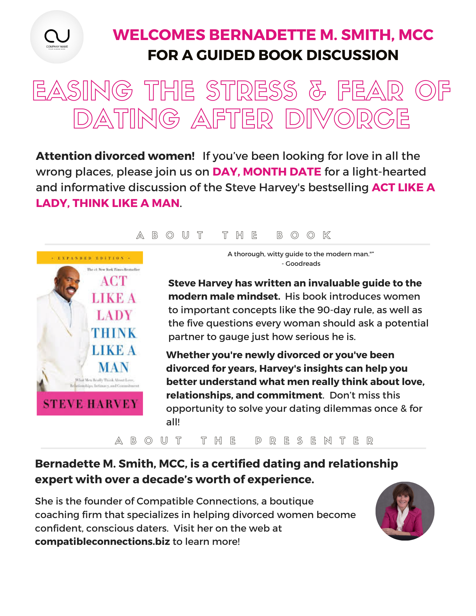 Promotional flyer for a guided book discussion of Steve Harvey's Act Like A Lady, Think Like A Man.