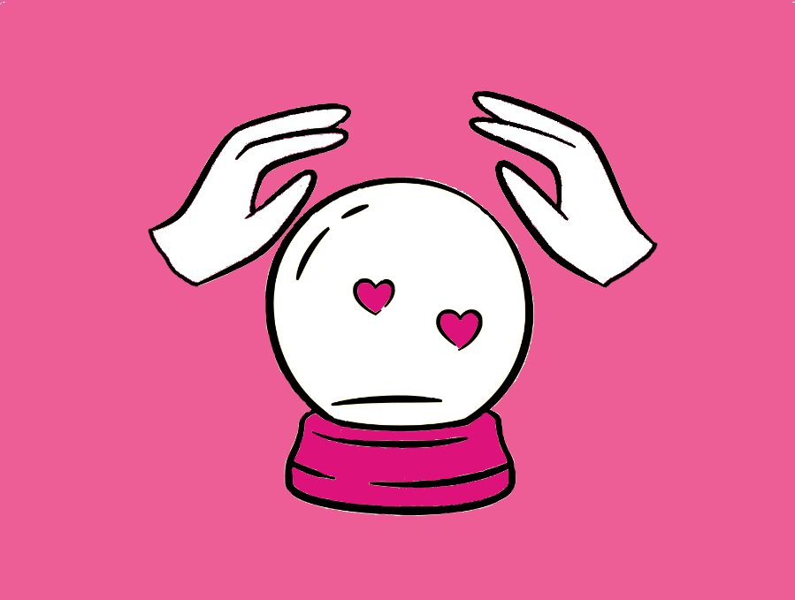 A pair of hands hovering over a crystal ball with two hearts floating within it.