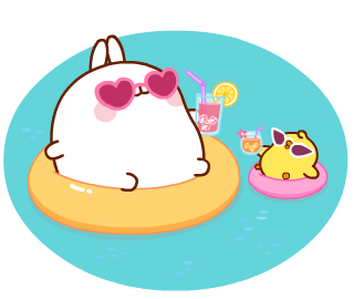 A rabbit and a yellow chick in sunglasses cheers each other with cold drinks in a swimming pool.
