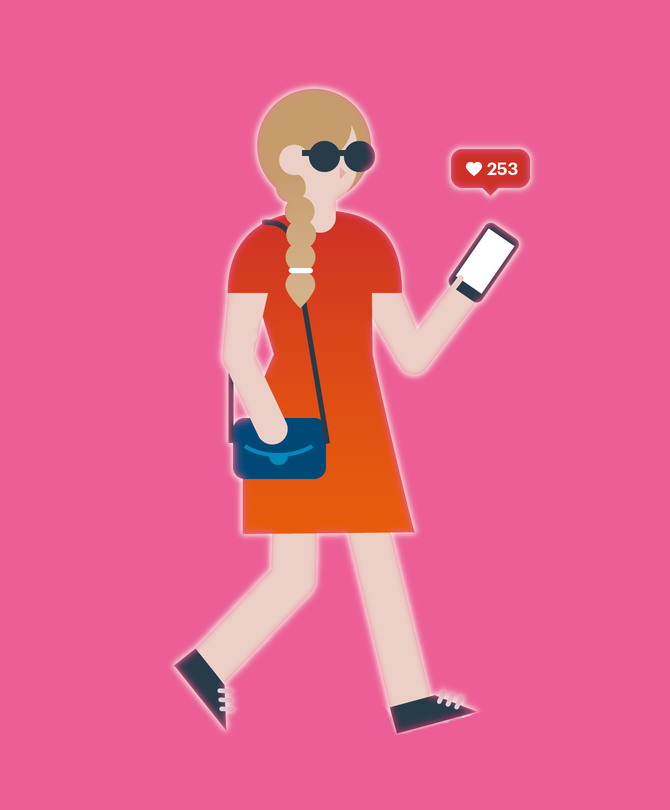 A woman in a red dress wearing sunglasses holdding a smart phone.